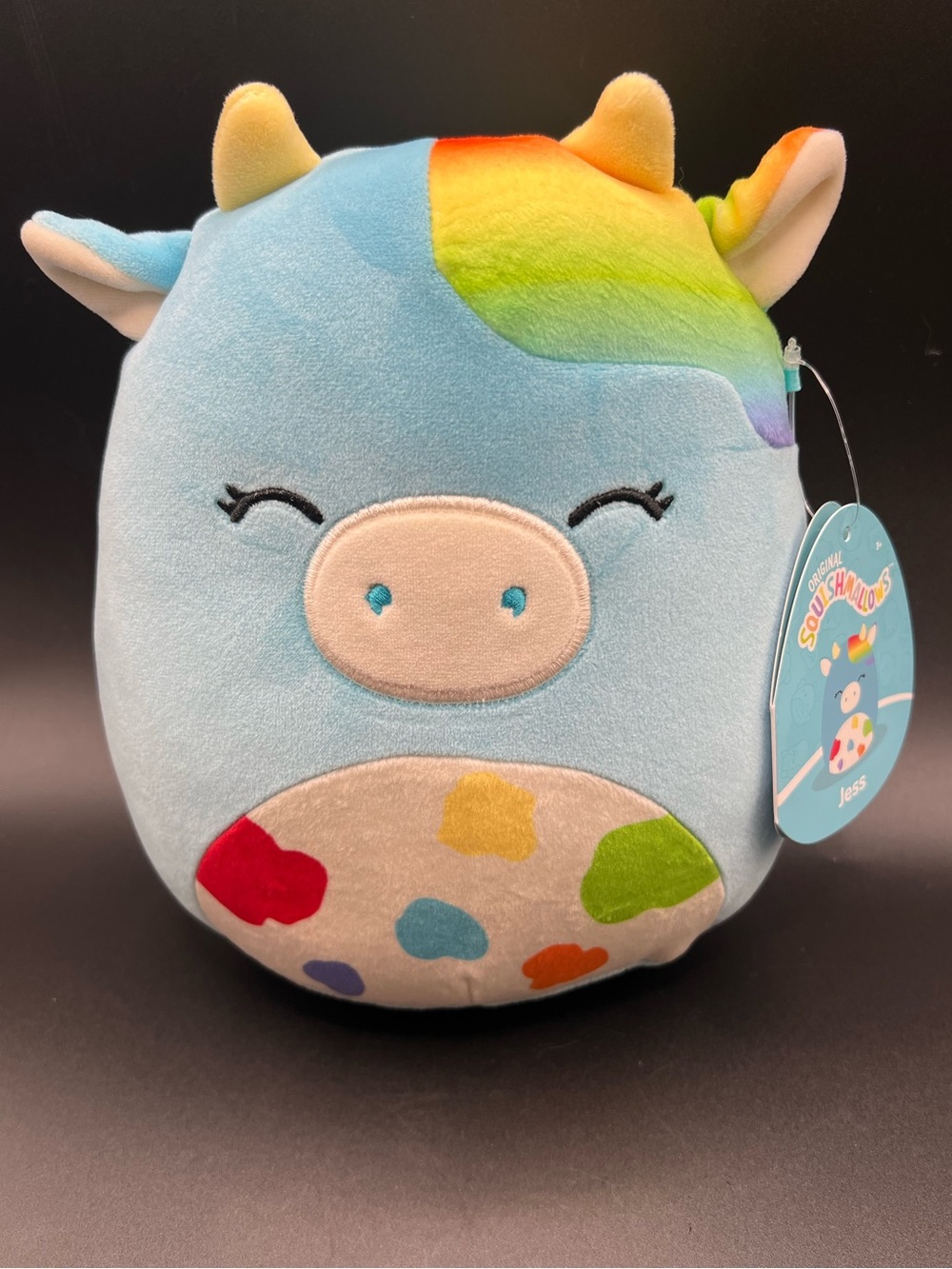 🔥 NWT Squishmallows 8” Jess Blue Rainbow Cow Plush Rare HTF Collectible